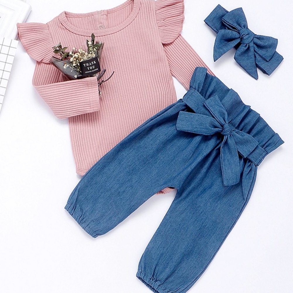 Ruffle Pink Long Sleeve Top, Blue Pants & Headband 3-Piece Baby Outfit
